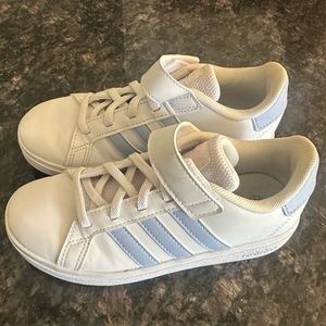 kids size 13 adidas velcro sneakers light blue stripes